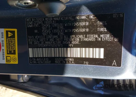 2016 Toyota Highlander Xle V6 z USA, uszkodzony, nr VIN 5TDJKRFH7GS501815